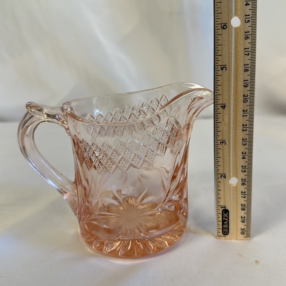 DEPRESSION GLASS PINK FLORAL AND DIAMOND BAND SMALL PITCHER - Picture 14 of 16